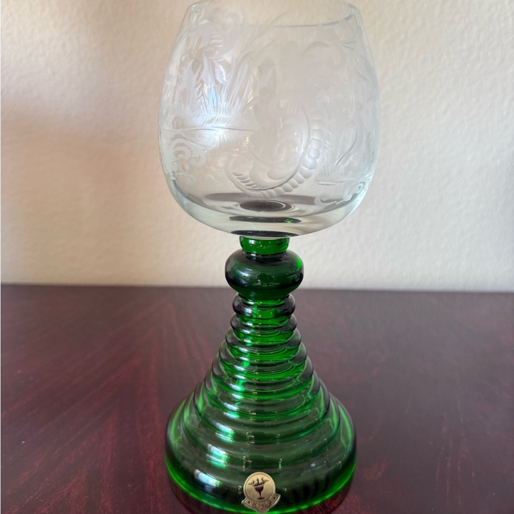 Green Glass Goblet with Etched Design